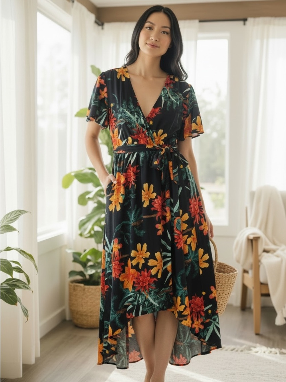 V-Neck Black Midi Dress with Yellow & Red Floral Print